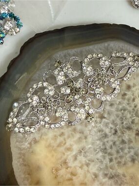 Vintage Silver Clear Rhinestone Oversize Filigree flower Brooch 4”